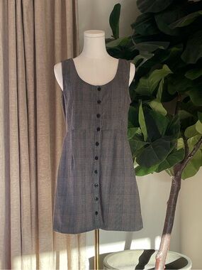 Obey Grey Plaid Button-Front Mini Dress